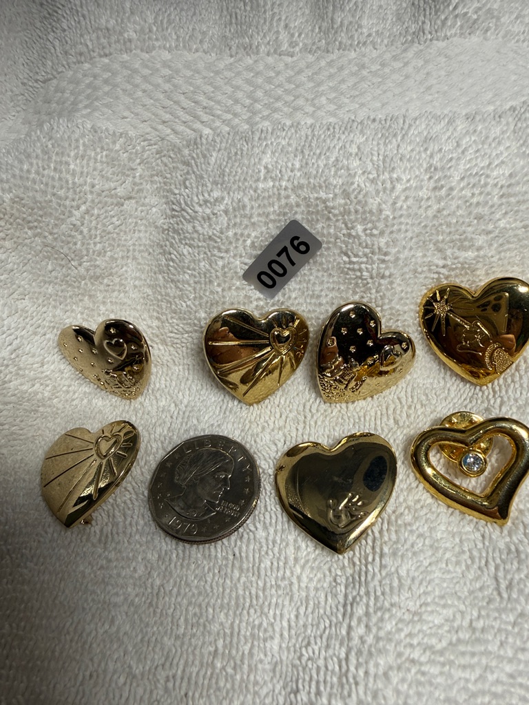7 Gold Tone Heart Brooches, 6 Marked Variety Club
